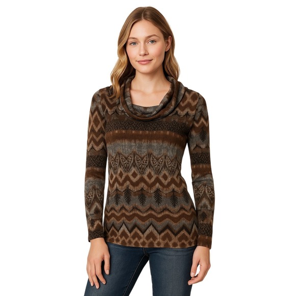 Daytrip Sweaters - Daytrip Brown Boho Aztec Print Cowl Neck Long Sleeve Top Womens Sz L USA Stretch
